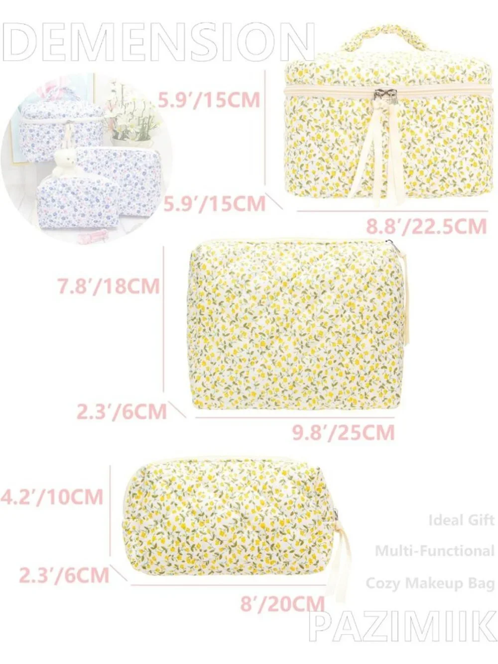 Floral Yellow 3-Piece Quilted Makeup Bag Set for Women | Cosmetic & Toiletry